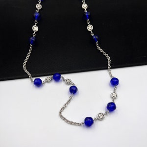 GIVENCHY Vintage Versilberte Blaue Glasperlen Halskette