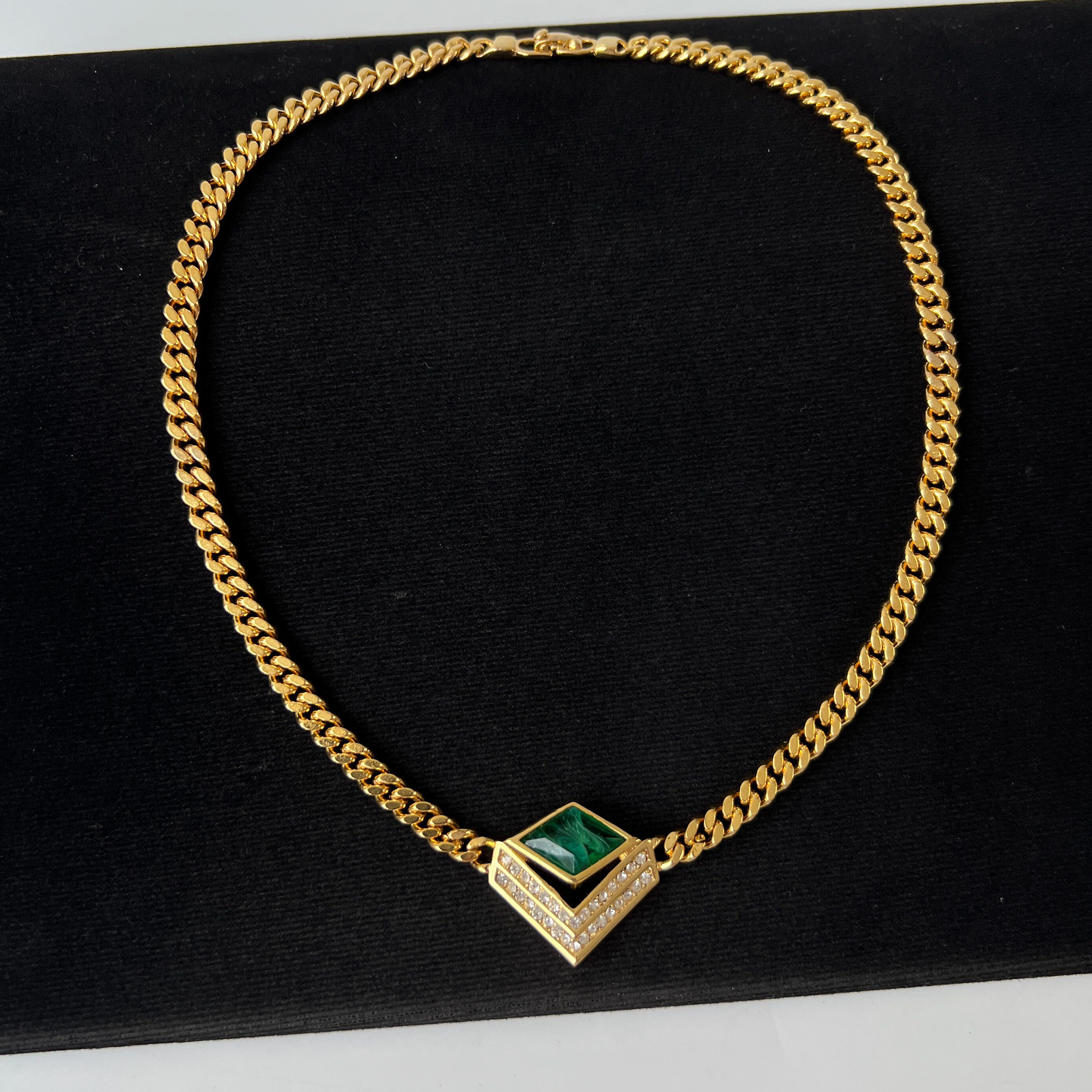 Christian Dior Crystal Faux Emerald Crystal Gold Plated Necklace