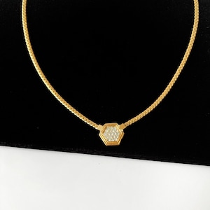 LANVIN Vintage Hexagon Gold Plated Logo with White Crystal Necklace