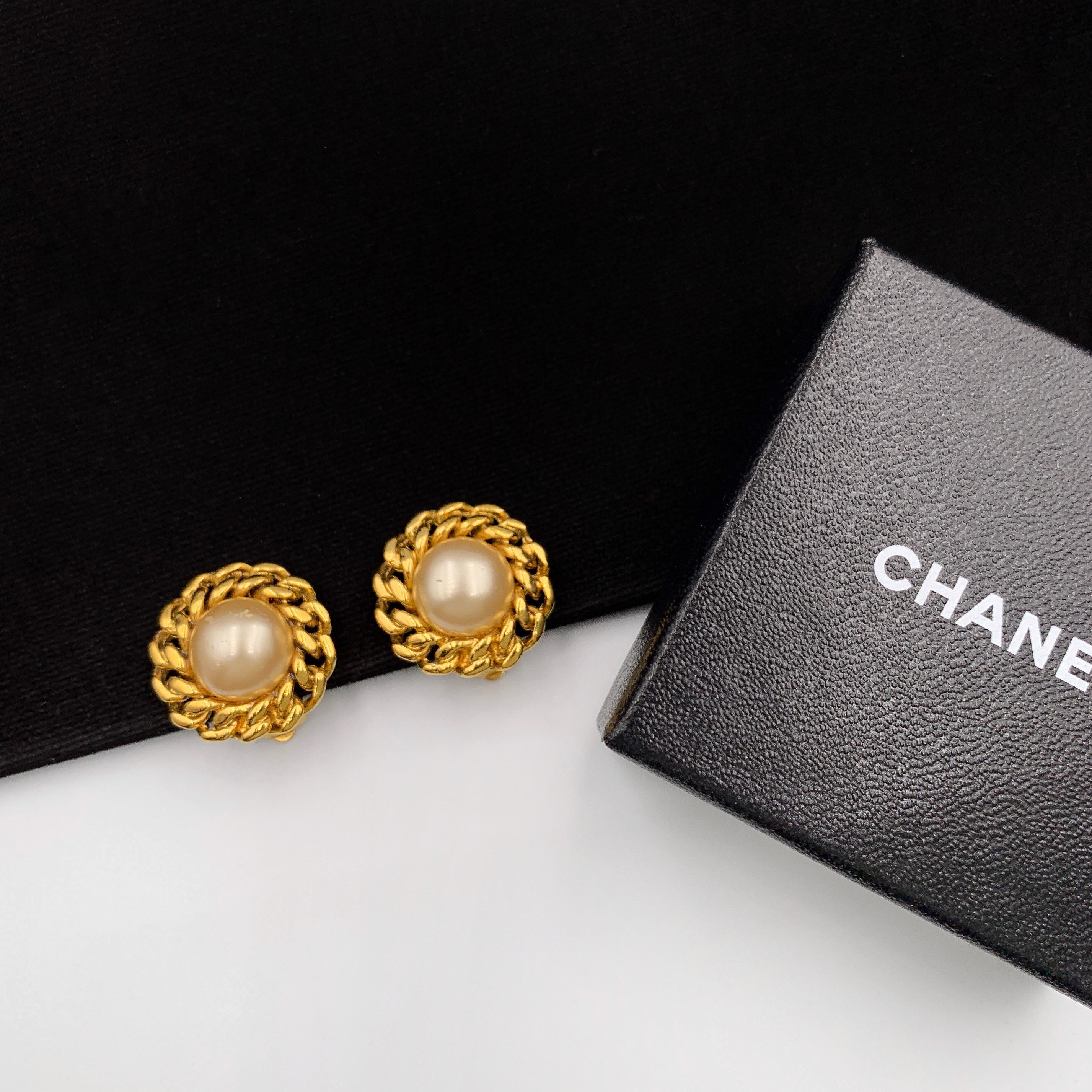 Chanel 93A Vintage Pearl and Bijoux Chain Border Giant Large Stud Earrings