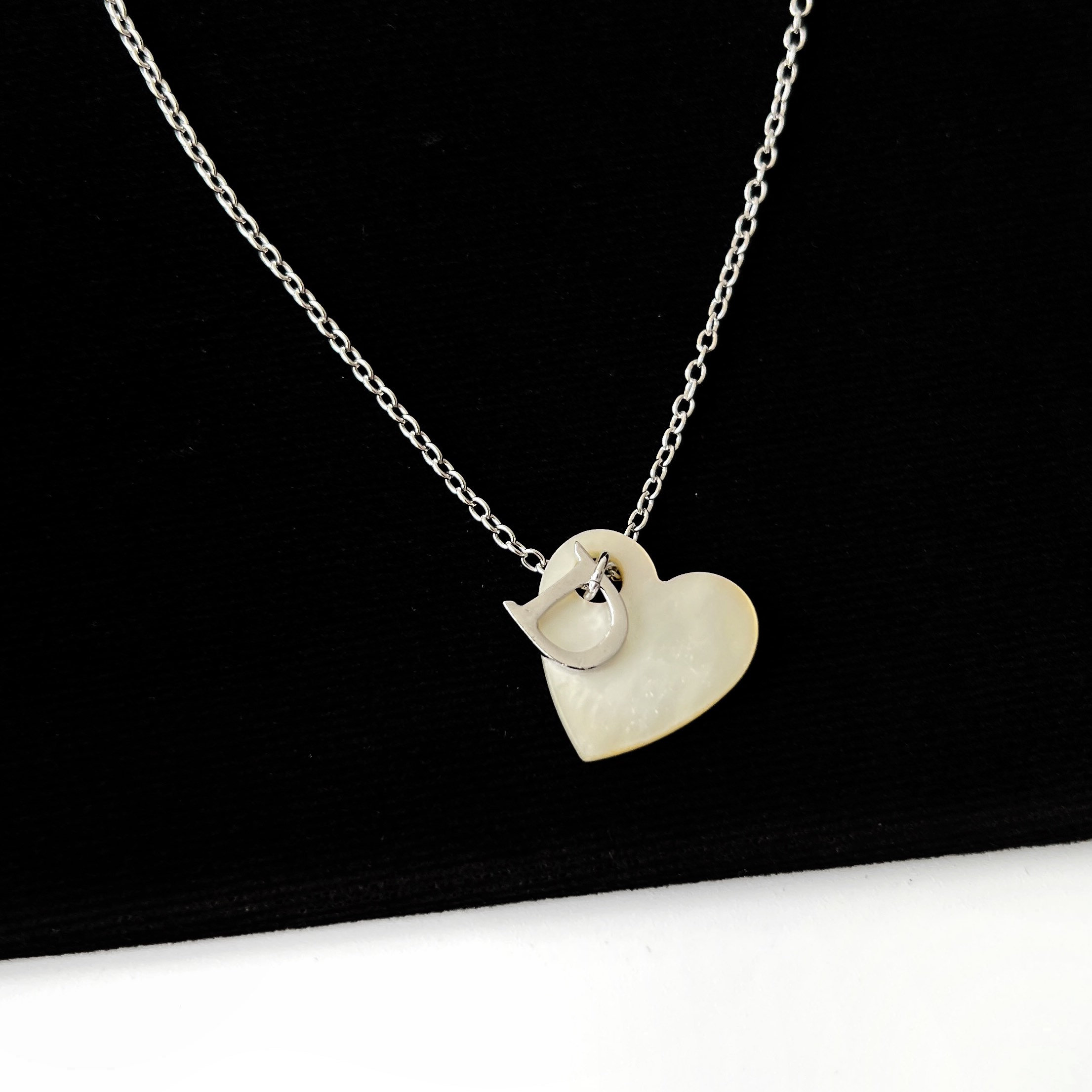 Christian Dior Heart Mother of Pearl Logo Pendant Necklace