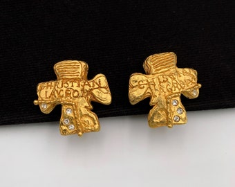 Christian Lacroix Vintage Cross Embossed Logo Clip-On Earrings