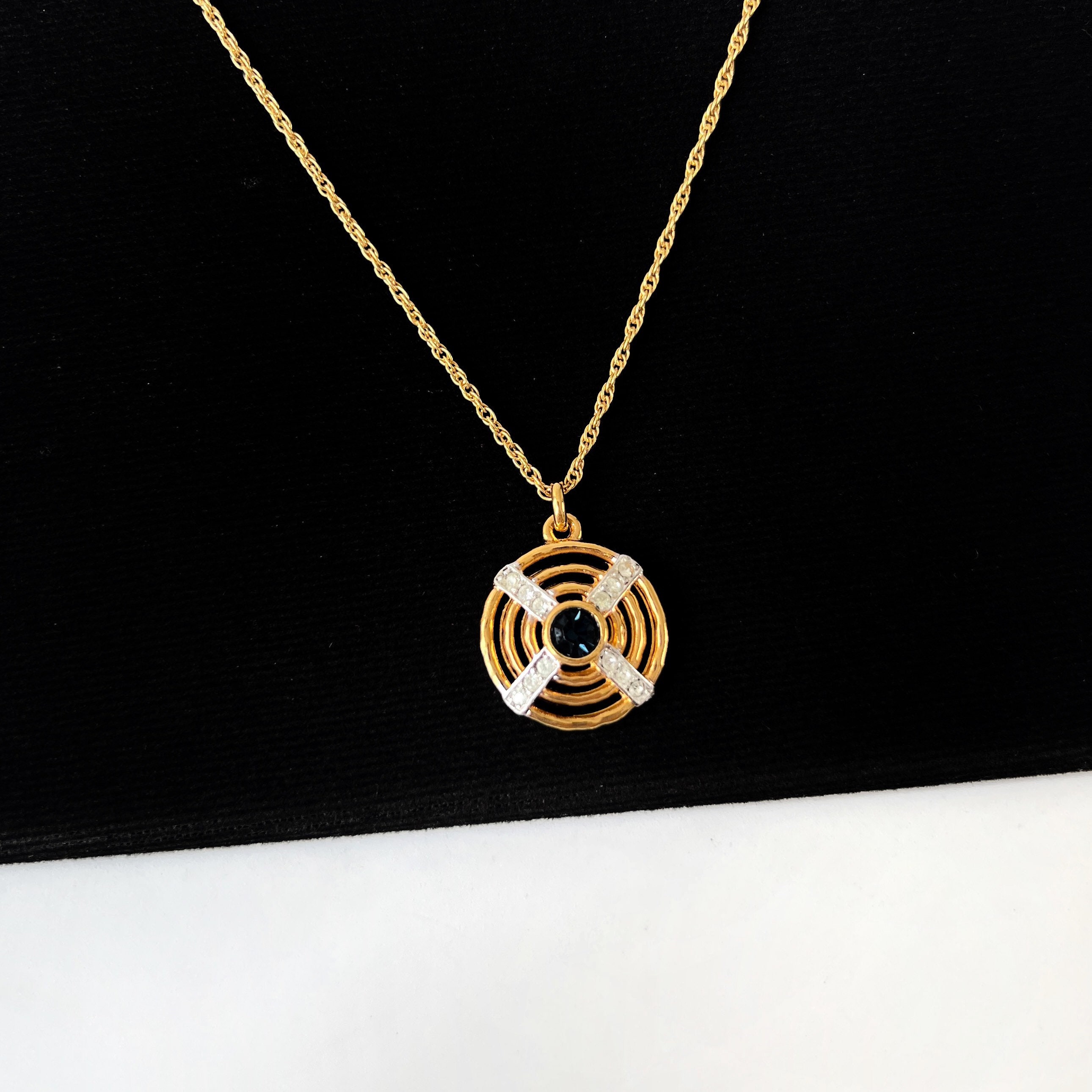 LANVIN Vintage Gold Plated Blue Crystal Pendant Necklace - Etsy