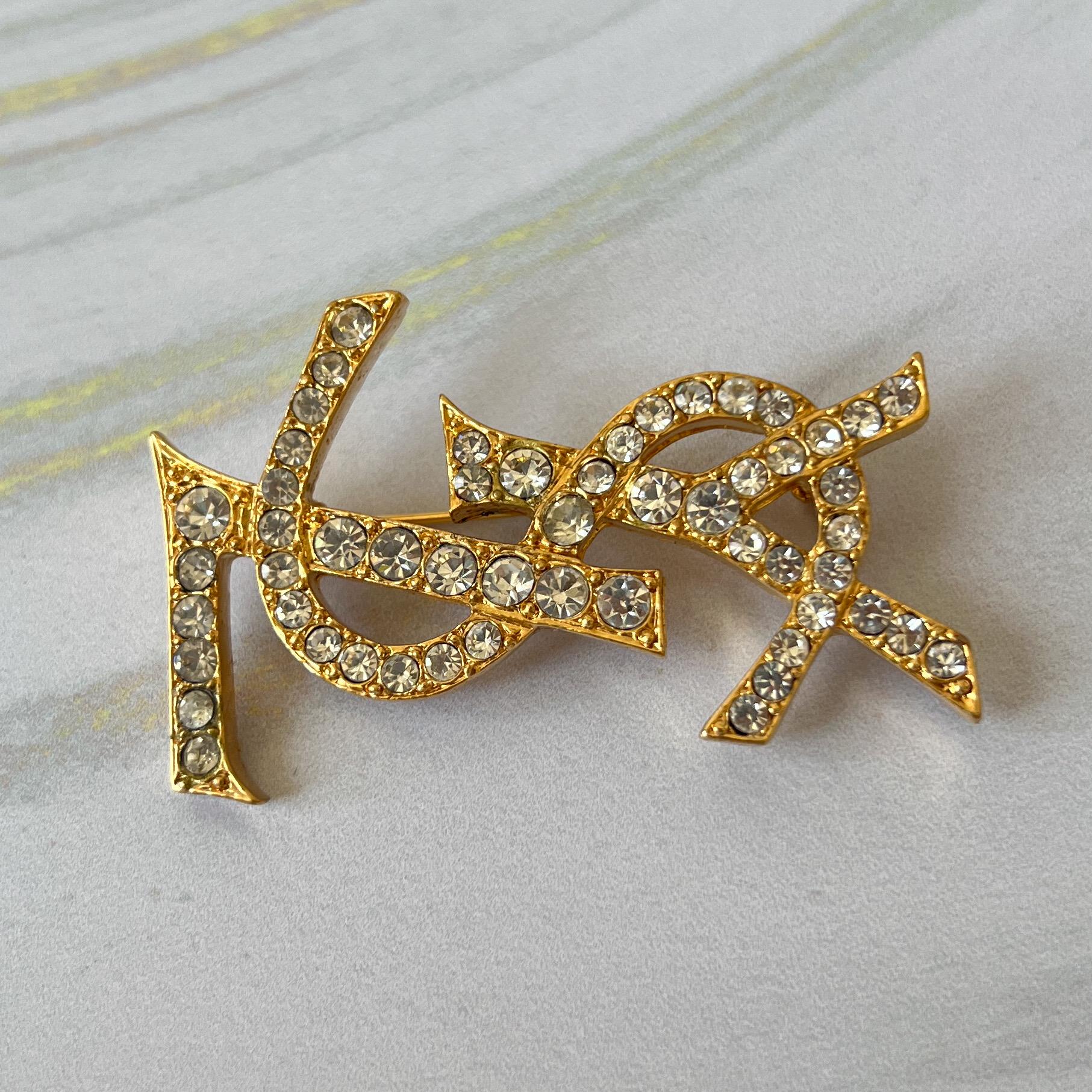 Yves Saint Laurent Vintage Logo Gold Plated With Crystals Brooch