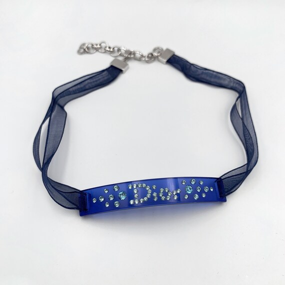 Christian Dior Blue Resin With Logo Crystal Pendant Ribbon Choker