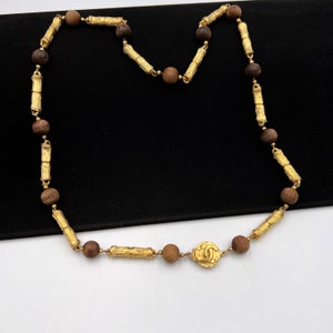 CHANEL Vintage Wood Beaded Bamboo Gold Plated Necklace