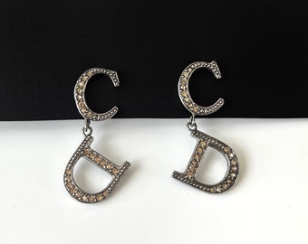 Christian Dior C D Crystal Logo Drop Earrings