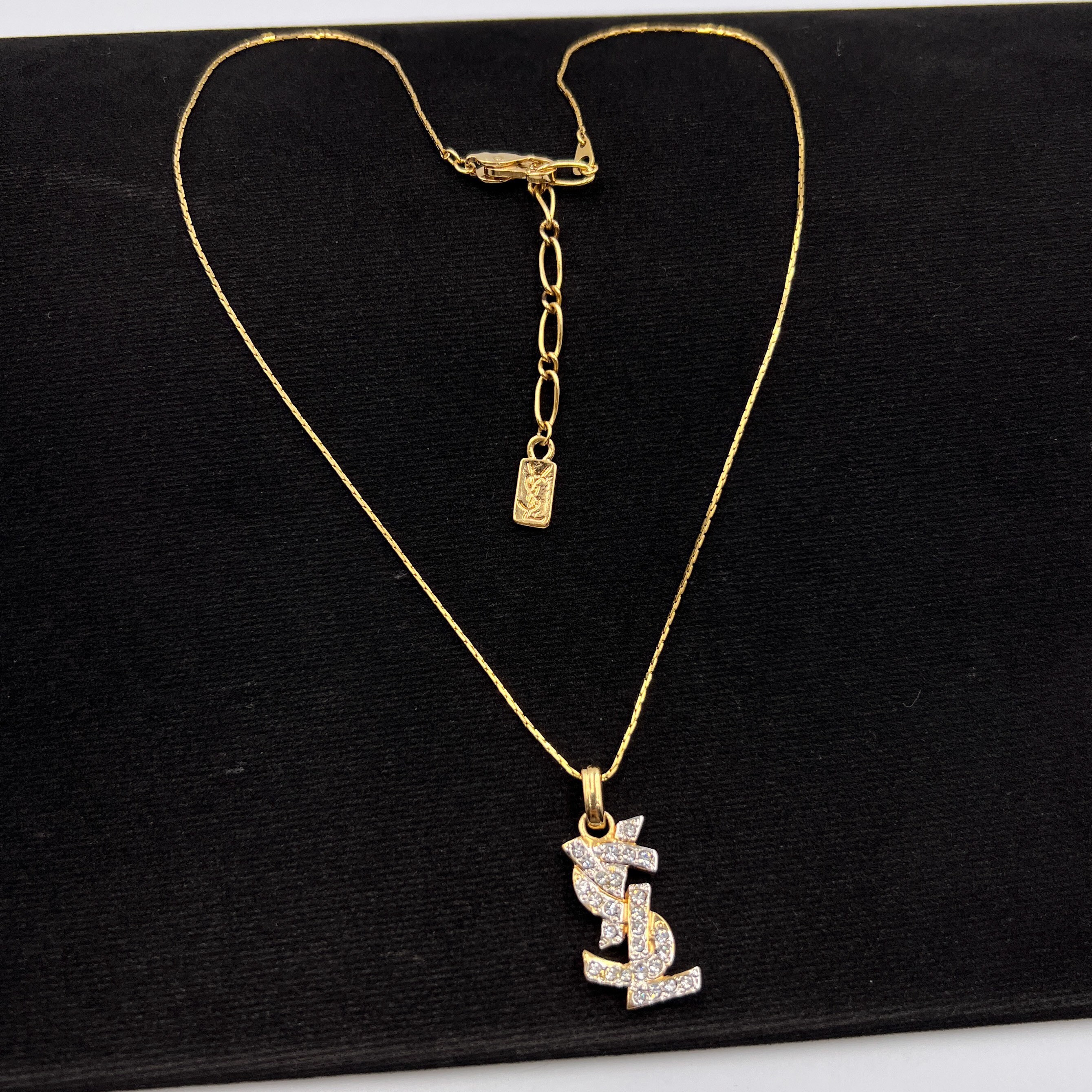 YSL Vintage Gold Plated YSL Logo With Crystal Pendant