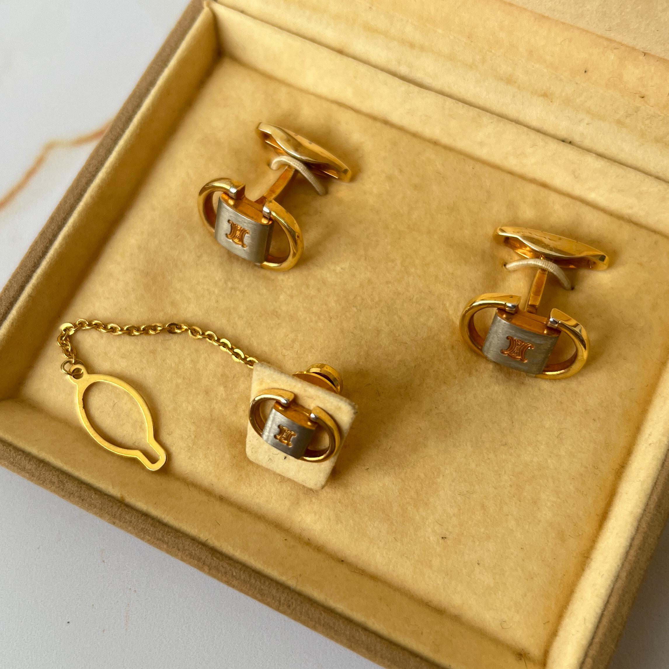 CELINE Vintage Logo Gold and Silver Plated Cufflinks and Tie Clip