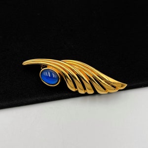 LANVIN Vintage Gold Plated Wings with Blue Glass Beaded Brooch