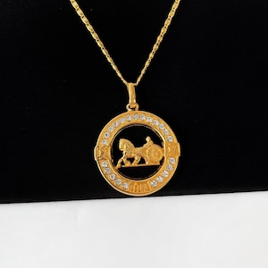 CELlNE Vintage Gold Plated with Crystals Horse Carriage Logo Pendant Necklace