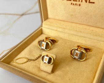 CELINE Vintage Logo Gold and Silver Plated Cufflinks and Tie Clip