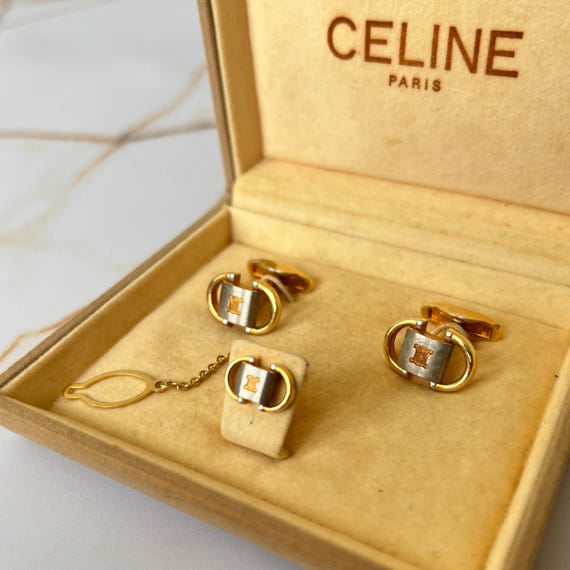 CELINE Vintage Logo Gold and Silver Plated Cufflinks and Tie Clip