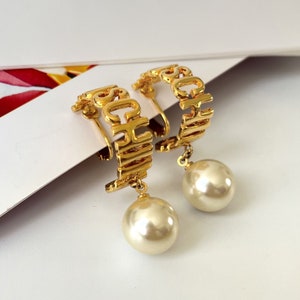 MOSCHINO Vintage Gold Plated Logo with Faux Pearl Drop Earrings