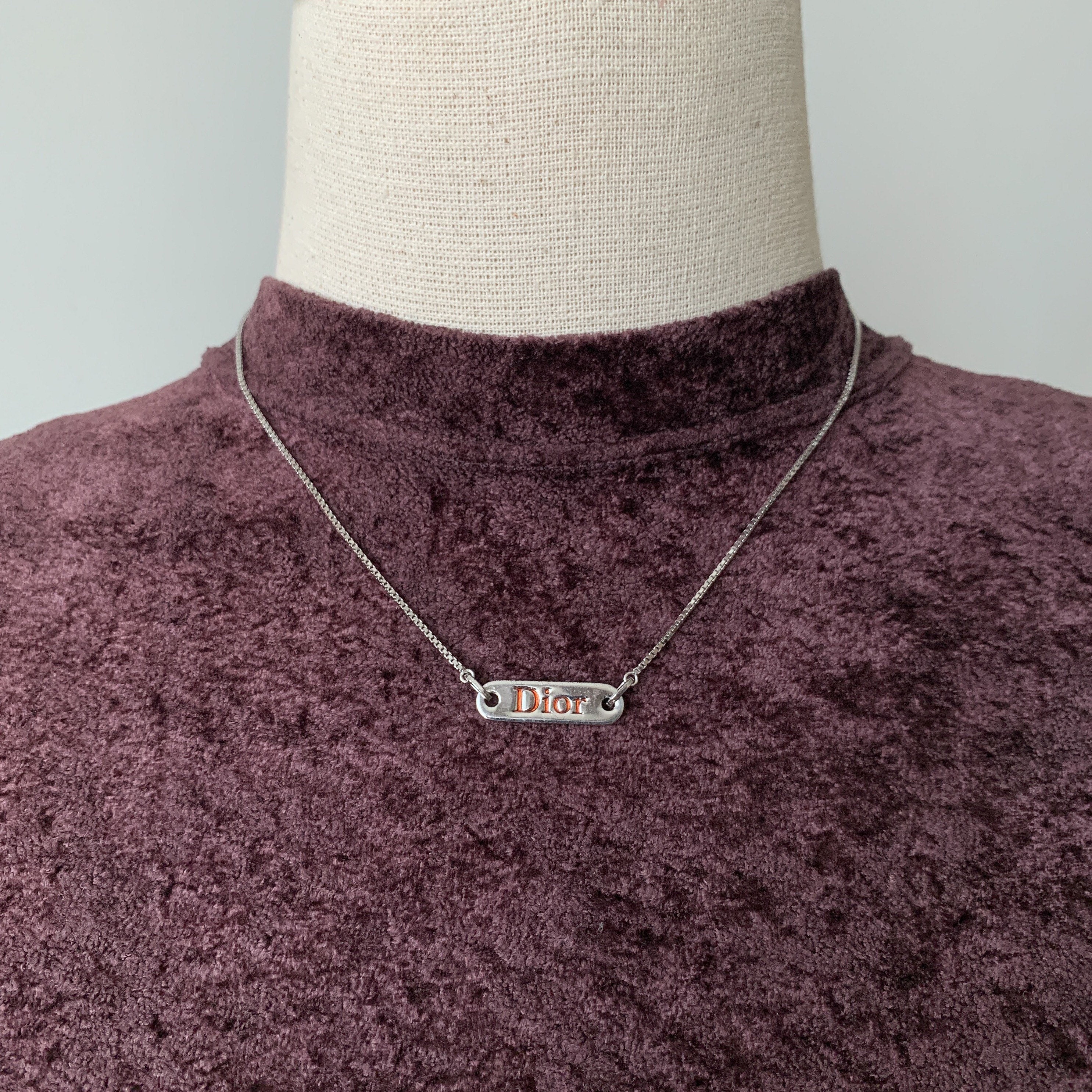 Christian Dior Vintage Dior Silver Plated Red Enamel Logo Necklace
