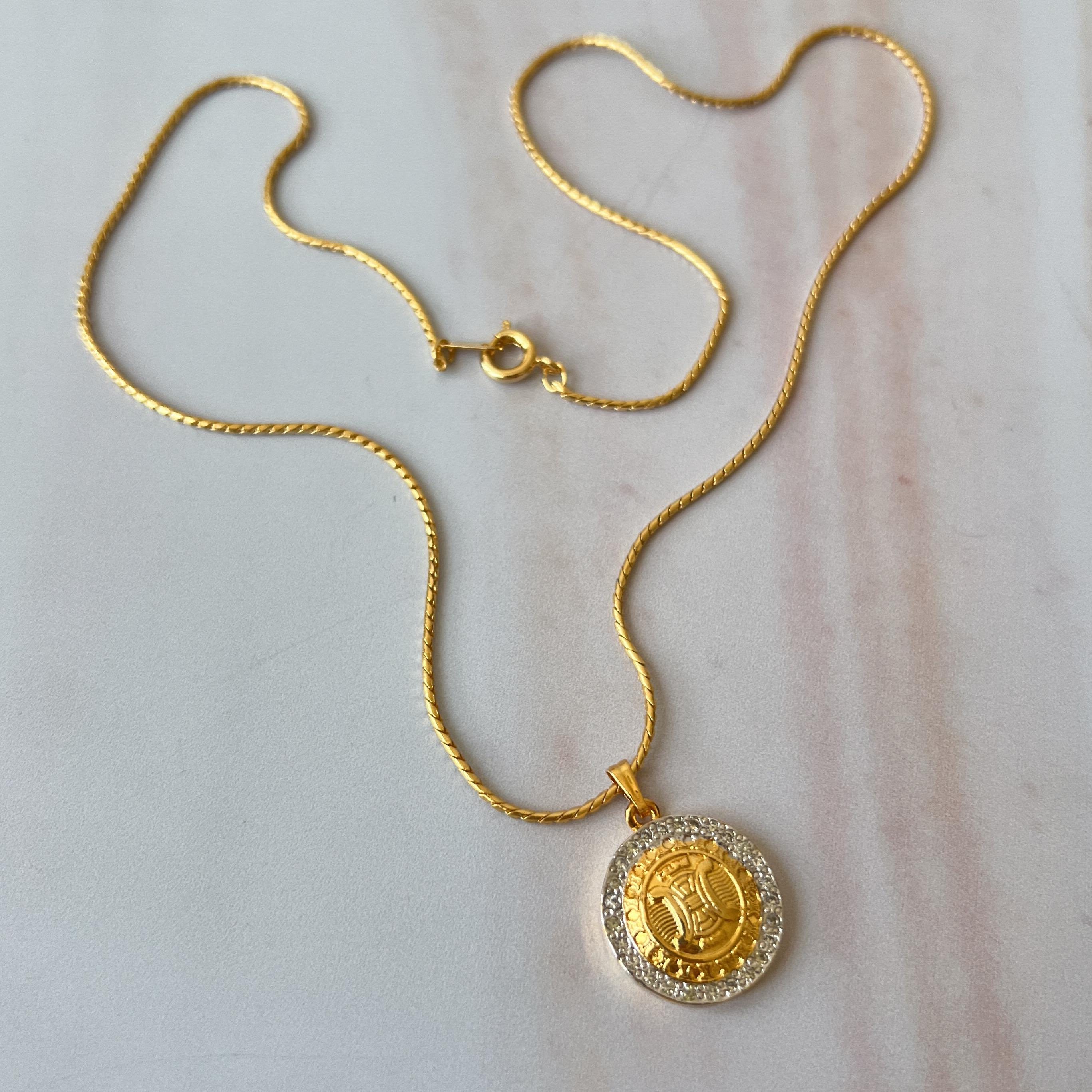 ✨良品✨CELINE ♡ Vintage ♡ necklace CELINE Vintage Triomphe Crystal Coin Pendant Necklace - Etsy