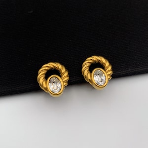 LANVIN Vintage Gold Plated with White Crystal Earrings