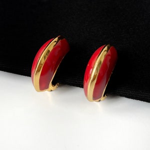 LANVIN Vintage Gold Plated Red Enamel Clip on Earrings