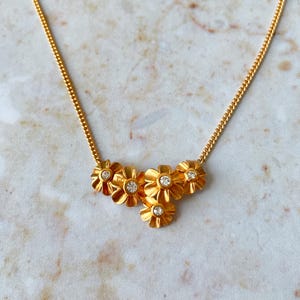LANVIN Vintage Gold Plated Triple Flowers with Crystal Necklace
