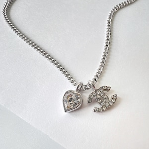 CHANEL Logo Pendant and mini Heart Necklace Silver