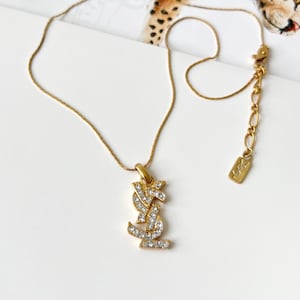 YSL Vintage Gold Plated YSL logo with Crystal Pendant Necklace