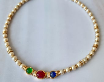 Grosse Vintage Gold Plated with Faux Emerald, Sapphire & Ruby, Faux Pearl Link Choker Necklace