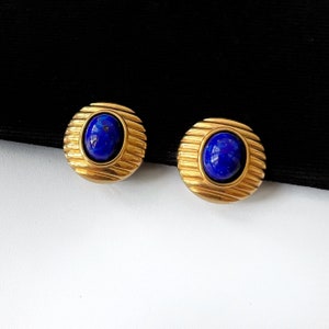 LANVIN Vintage Gold Plated with Faux Sapphire Clip on Earrings