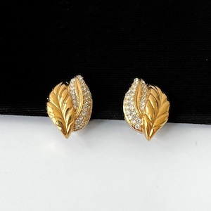 LANVIN Vintage Leaf Gold Plated with Crystal Clip on Earrings