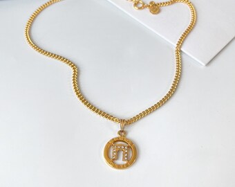 1990s. Vintage CELINE Gold Chain Necklace With Embossed Logo