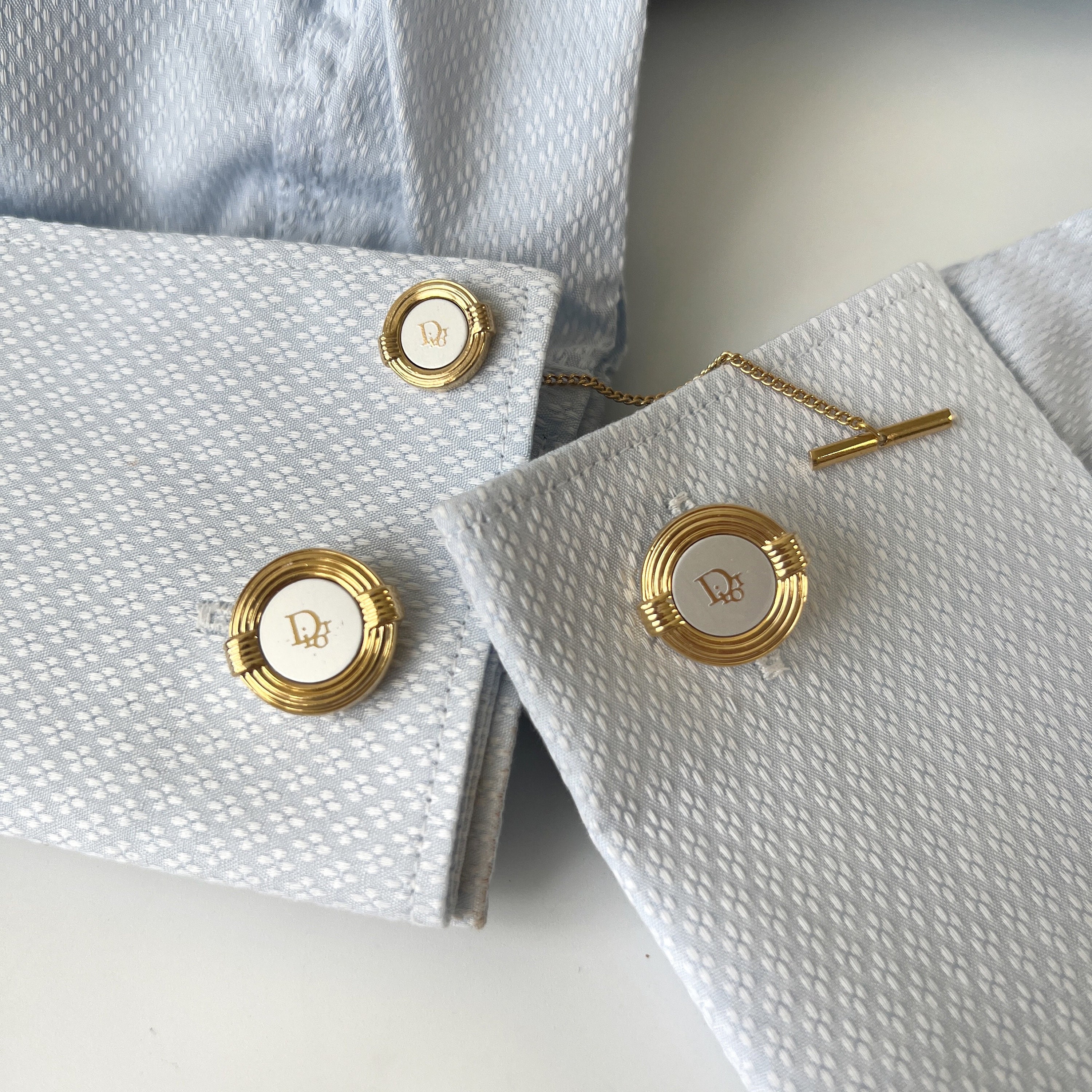 Christian Dior Logo CD White Enamel Metal Gold Buttons 16mm Set Of 2