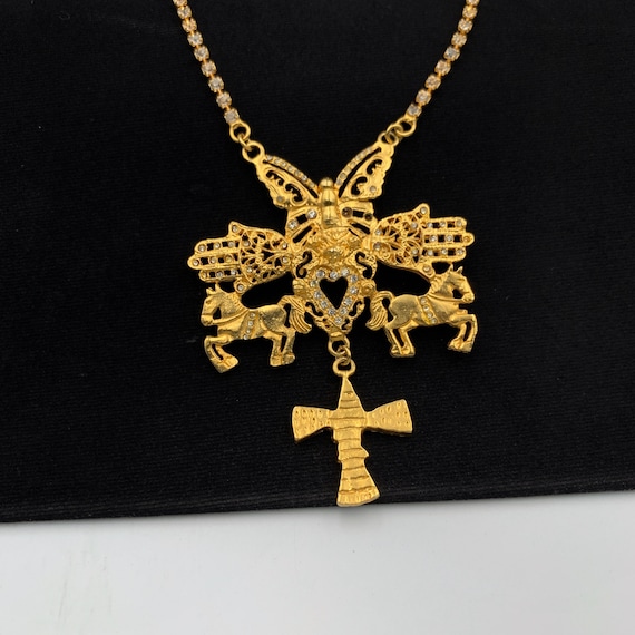 Christian Lacroix Vintage Butterfly and Horses With Cross Drop