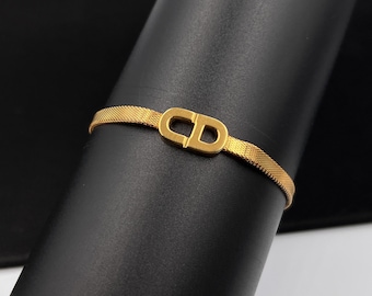 CHRISTIAN DIOR Bracelet Bangle Chain AUTH LOGO BIG Vintage