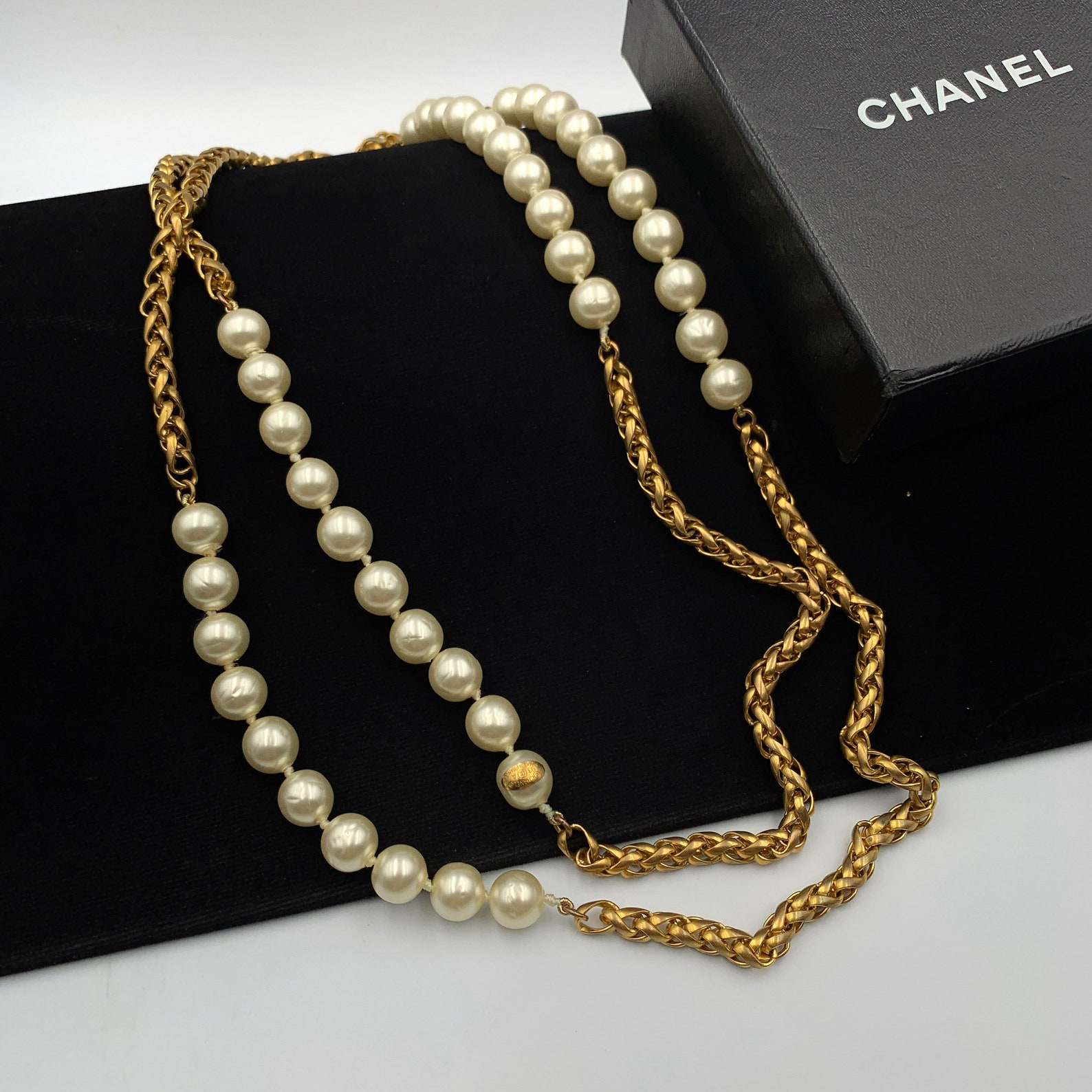 Vintage 90s CHANEL Chain Link Faux Pearl Long Necklace Etsy