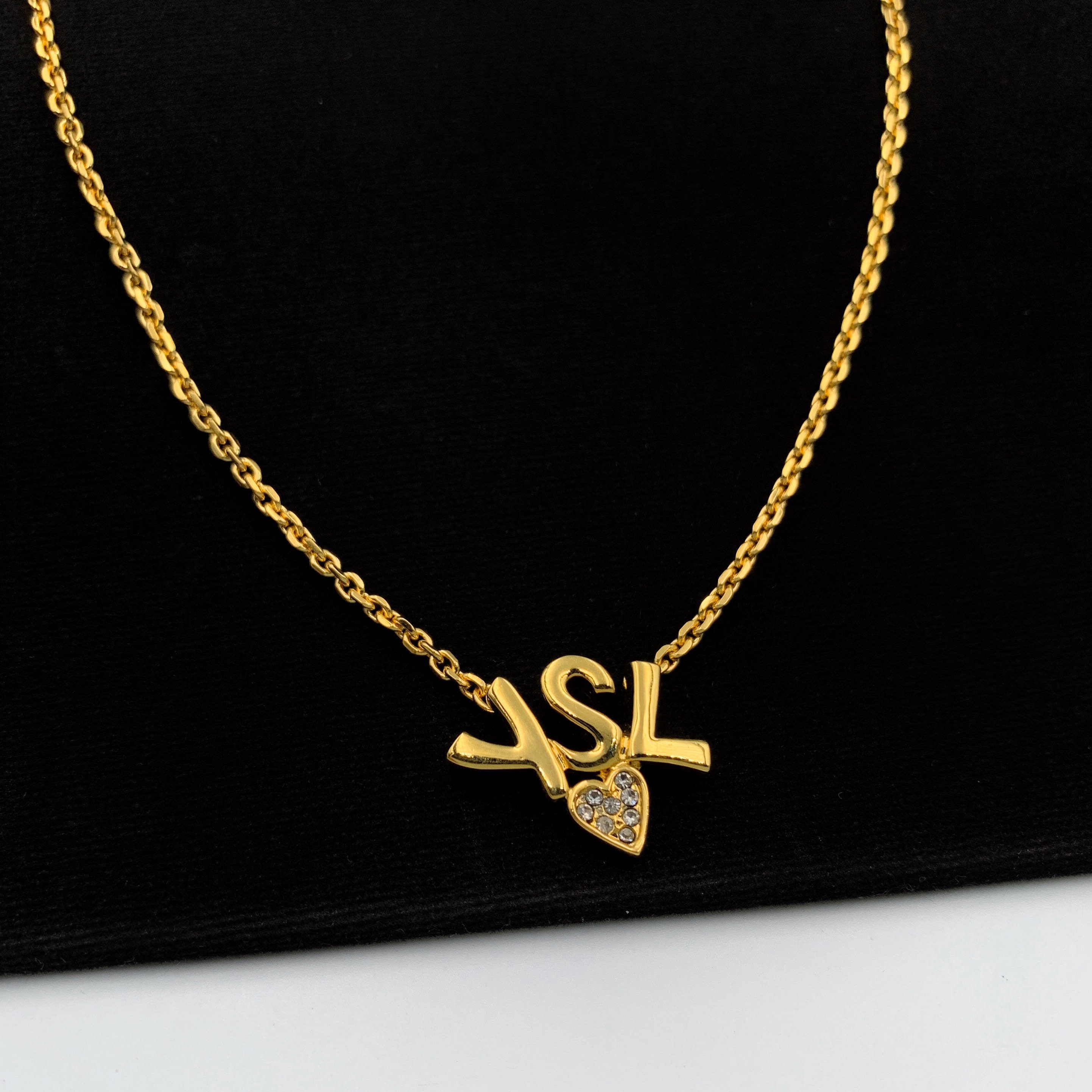 Yves Saint Laurent Necklace Gold GP Ysl Rhinestone Jewelry Stone Square Long Chain Ladies Plated