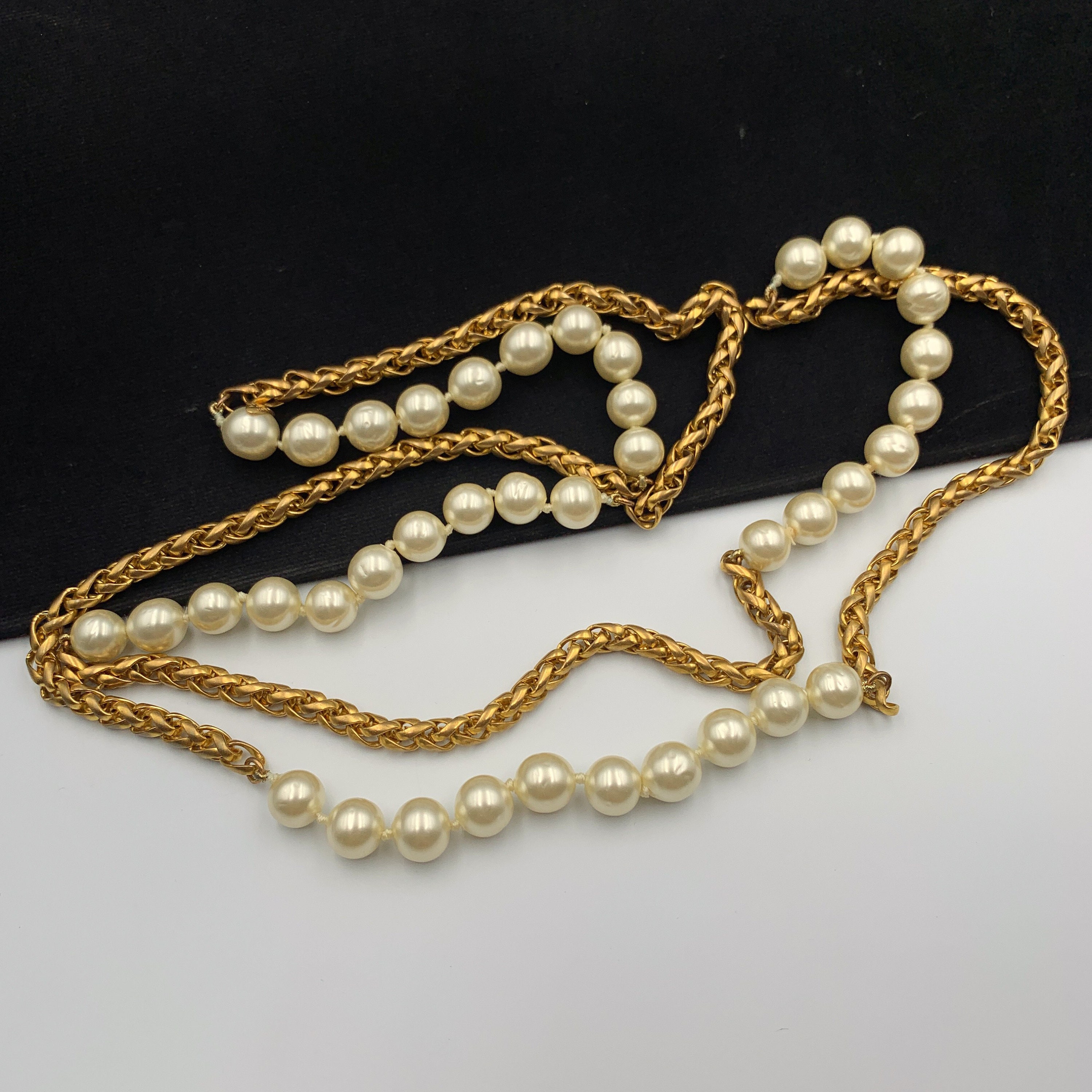 Vintage 90's CHANEL Chain Link Faux Pearl Long Necklace - Etsy