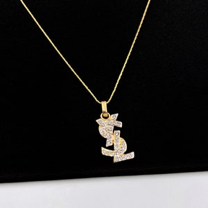 YSL Vintage Gold Plated YSL logo with Crystal Pendant Necklace