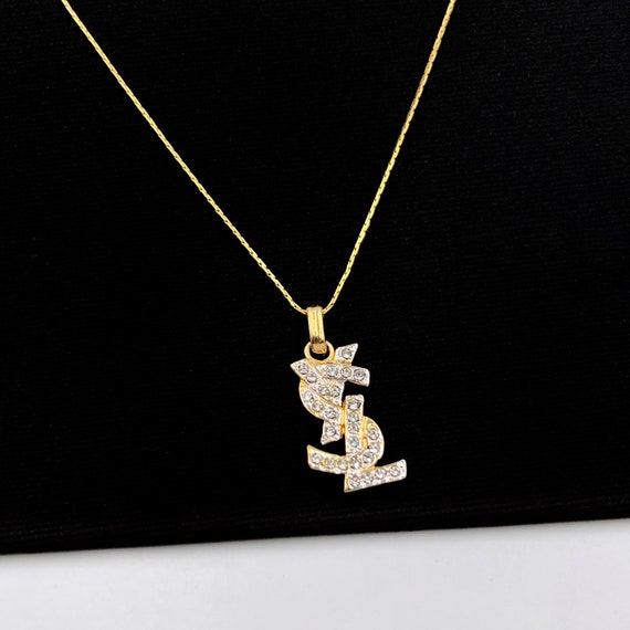 YSL Vintage Gold Plated YSL Logo With Crystal Pendant Necklace 