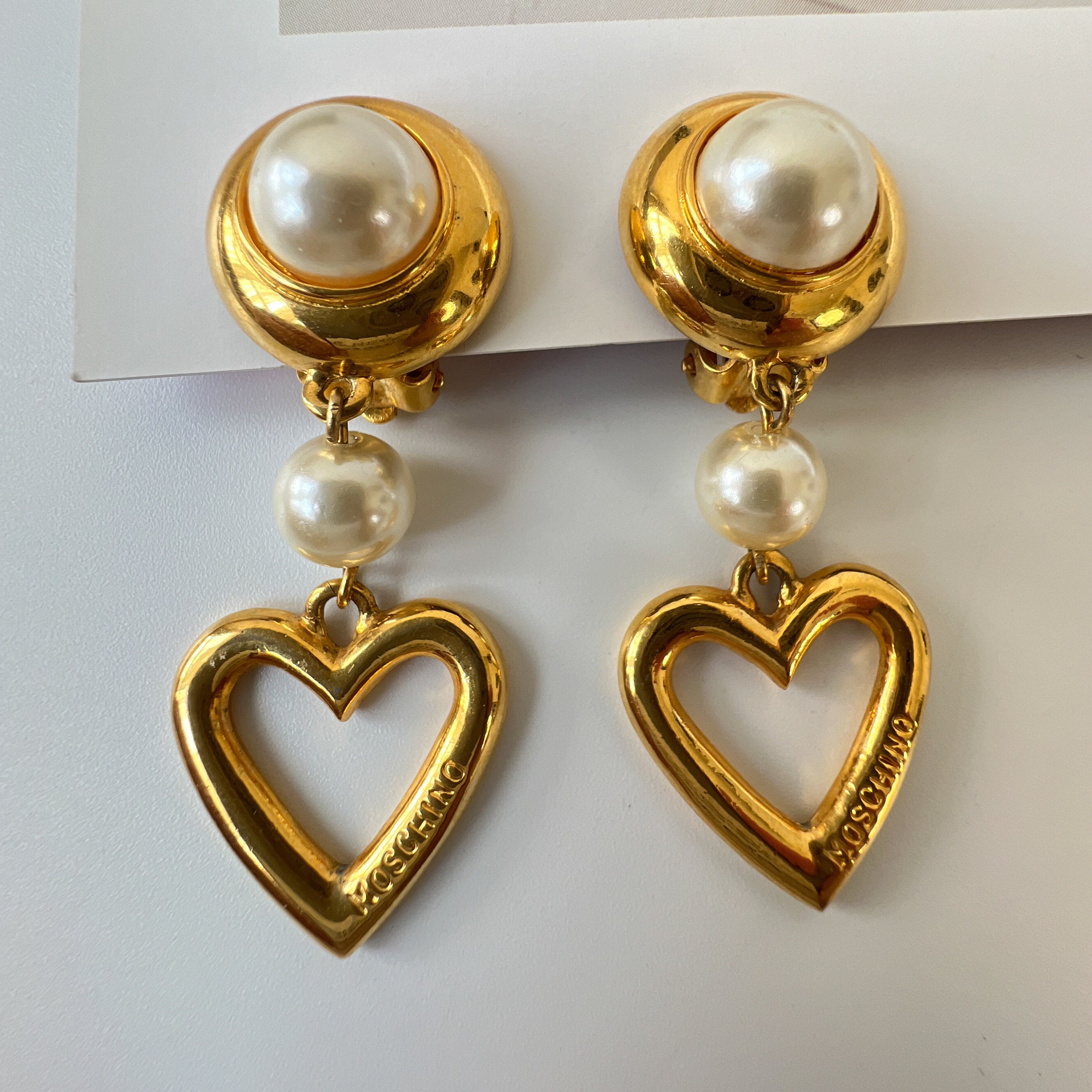 MOSCHINO Vintage Faux Pearl Heart Drop Earrings - Etsy