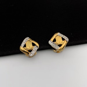 LANVIN Vintage Gold Plated Logo with Crystal Clip on Earrings