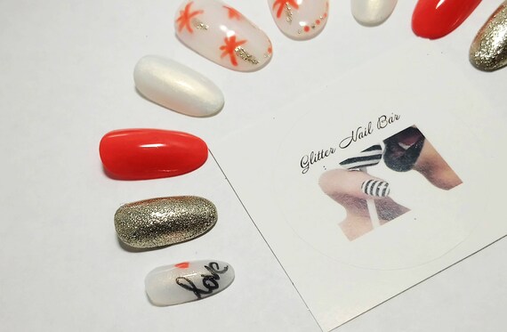 Coral Palm And Gold Reusable Nails Press On Nails