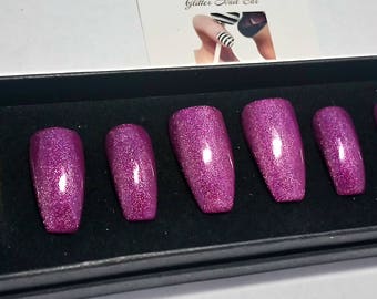 purple and white glitter press on nails