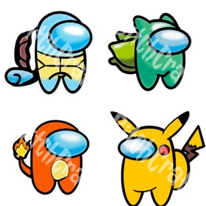 Op de afbeelding: Vier verschillende gekleurde Among Us-karakters verkleed als Pokémon. Het blauwe personage is verkleed als Squirtle, het groene personage is verkleed als Bulbasaur, het oranje personage is verkleed als Charmander en het gele personage is verkleed als Pikachu.