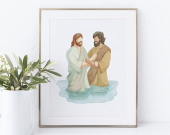 Jesus Christ Baptism, Come Follow Me, Come Follow Me Printable, Jesus Christ Baptism Watercolor Painting, Baptism program cover