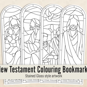 May include: Four black and white colouring bookmarks featuring stained glass style artwork of Jesus from the New Testament. The bookmarks have the text "Come, Follow" and "Come, Follow Me" printed on them.