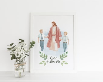 Jesus with children, I am a child of God print, Jesus walking with two boys, Come Follow Me painting