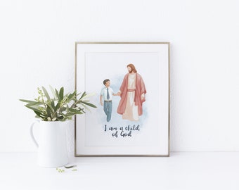 Jesús con un niño (piel más oscura), Impresión Soy un hijo de Dios, Decoración de bautismo, Imprimible de primaria