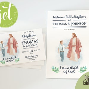Baptism Cover and Invitation Bundle - Boy (brown hair) walking with Jesus - Editable - DIGITAL file
