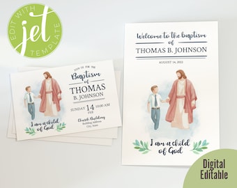 Baptism Cover and Invitation Bundle - Boy (brown hair) walking with Jesus - Editable - DIGITAL file