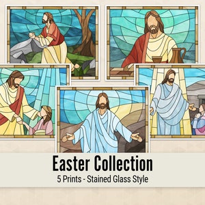 Könnte beinhalten: Ein Satz von fünf Drucken im Stil von Buntglas, die Szenen aus der Ostergeschichte darstellen. Die Drucke zeigen Jesus in verschiedenen Posen, darunter beim Beten, beim Teilen von Brot und beim Erscheinen vor Maria Magdalena. Die Drucke sind in einem einfachen weißen Rahmen gerahmt.