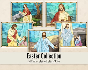 Easter collection Stained Glass style set of prints, Set with 5 prints